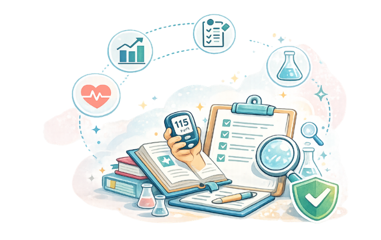 Prancheta médica com glicosímetro e ícones de saúde