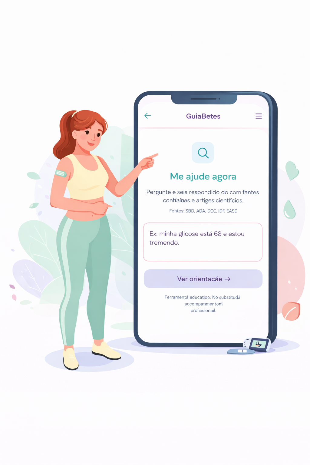 Mulher com sensor de glicose apontando para o app no celular